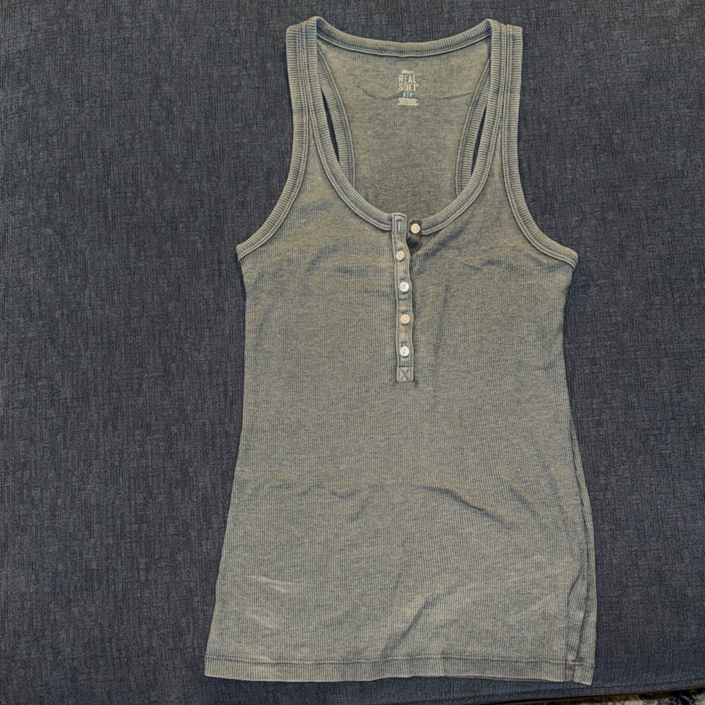Aerie Gray Button Ribbed Tank Top
